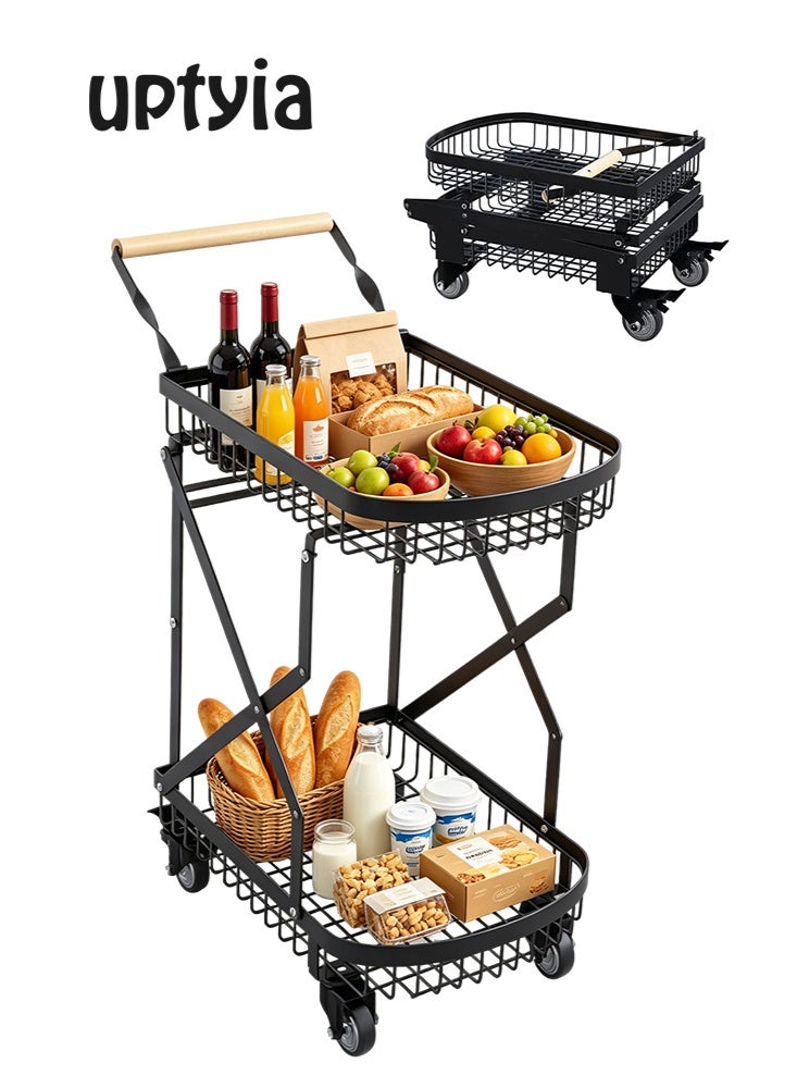 Uptyia 2-Tier Foldable Shopping Cart for Groceries, Collapsible Cart with 360° Rolling Swivel Wheels, Heavy Duty Multi Function Folding Utility Cart for Camping Gear, Traveling, Laundry, Garden, Pantry - Image 1