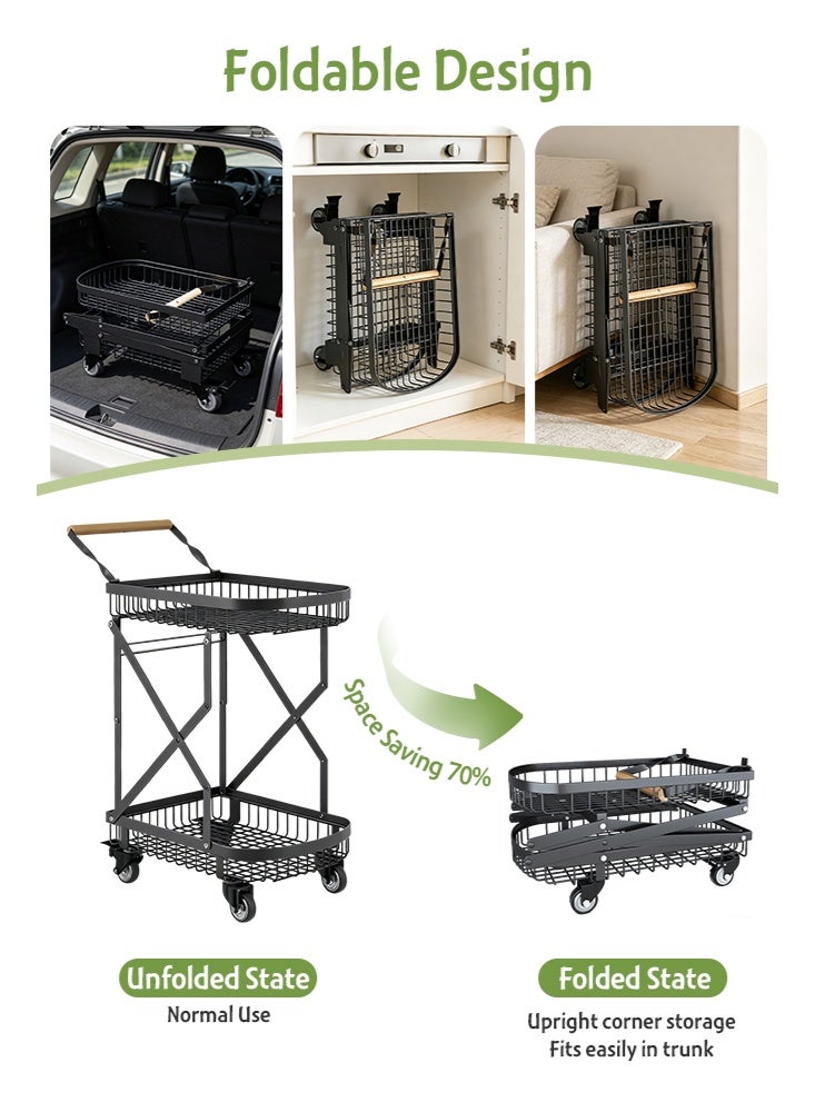 Uptyia 2-Tier Foldable Shopping Cart for Groceries, Collapsible Cart with 360° Rolling Swivel Wheels, Heavy Duty Multi Function Folding Utility Cart for Camping Gear, Traveling, Laundry, Garden, Pantry - Image 3