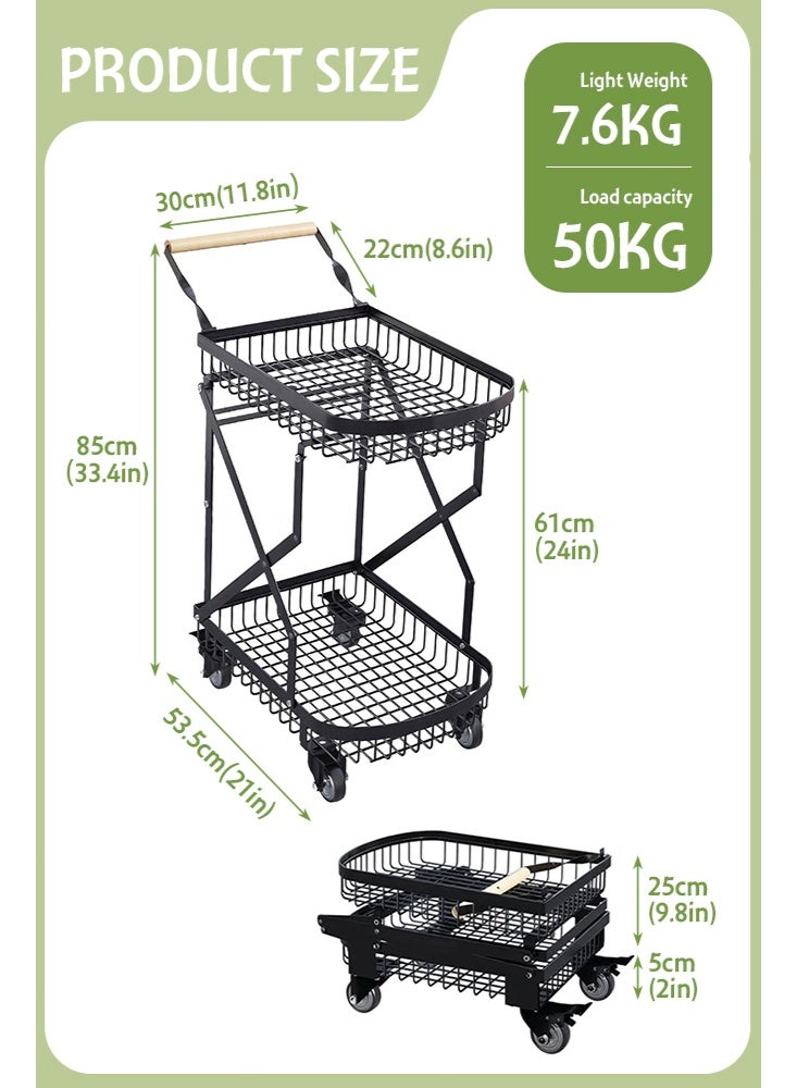 Uptyia 2-Tier Foldable Shopping Cart for Groceries, Collapsible Cart with 360° Rolling Swivel Wheels, Heavy Duty Multi Function Folding Utility Cart for Camping Gear, Traveling, Laundry, Garden, Pantry - Image 2