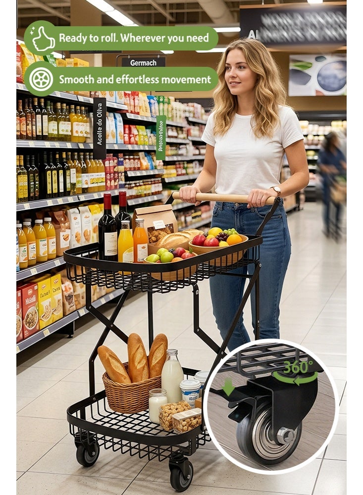 Uptyia 2-Tier Foldable Shopping Cart for Groceries, Collapsible Cart with 360° Rolling Swivel Wheels, Heavy Duty Multi Function Folding Utility Cart for Camping Gear, Traveling, Laundry, Garden, Pantry - Image 5