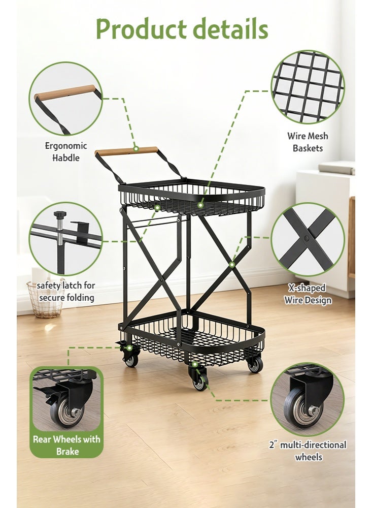 Uptyia 2-Tier Foldable Shopping Cart for Groceries, Collapsible Cart with 360° Rolling Swivel Wheels, Heavy Duty Multi Function Folding Utility Cart for Camping Gear, Traveling, Laundry, Garden, Pantry - Image 4