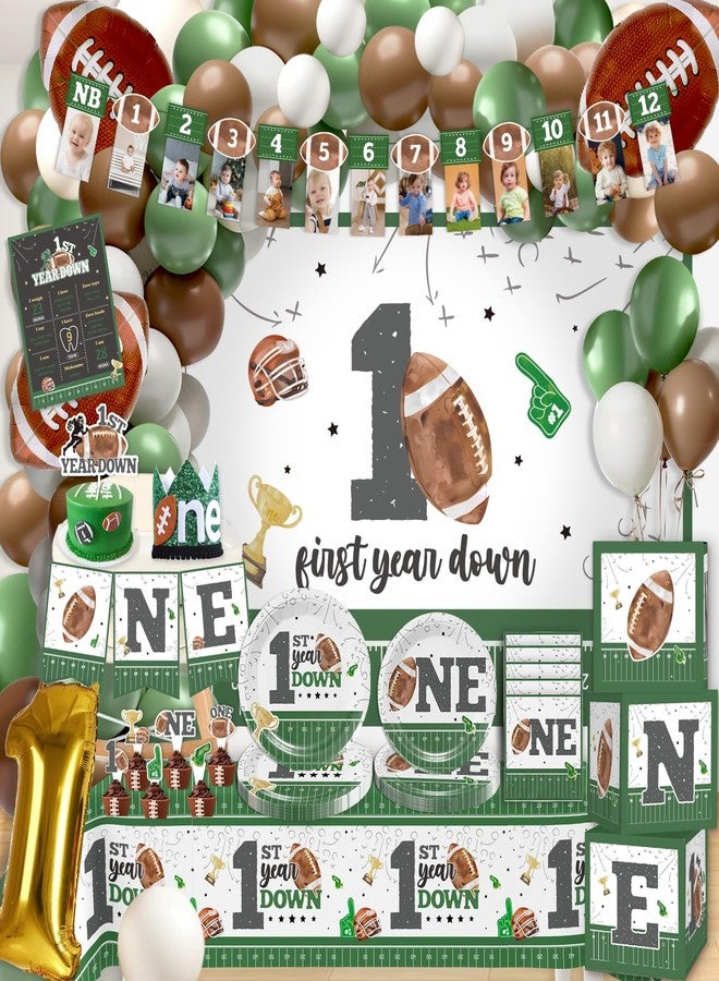 cocomigo 192pcs First Year Down Birthday Party Decorations Include Photo Banner High Chair Banner Backdrop Tablecloth Balloons Tableware Ballon Box Cutout Crown Poster Cake Topper, for First Down Birthday - Image 1