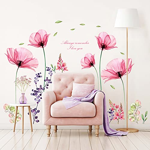 DECOWALL SG2106 Xray Pink Flowers Wall Decals Stickers Floral Vintage Wild Living Room murals Peel and Stick Girls Bedroom Removable Nursery
