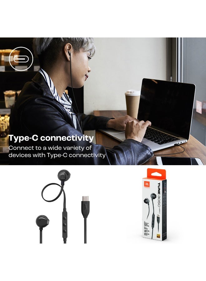 JBL Tune 305C Type-C Wired Earphones with Hi-Res Audio, Pure Bass Sound, 10mm Drivers, Built-in Microphone, 3-Button Remote, Tangle-Free Flat Cable, Semi In-Ear Comfort Fit, Compatible with USB-C Devices - Image 3