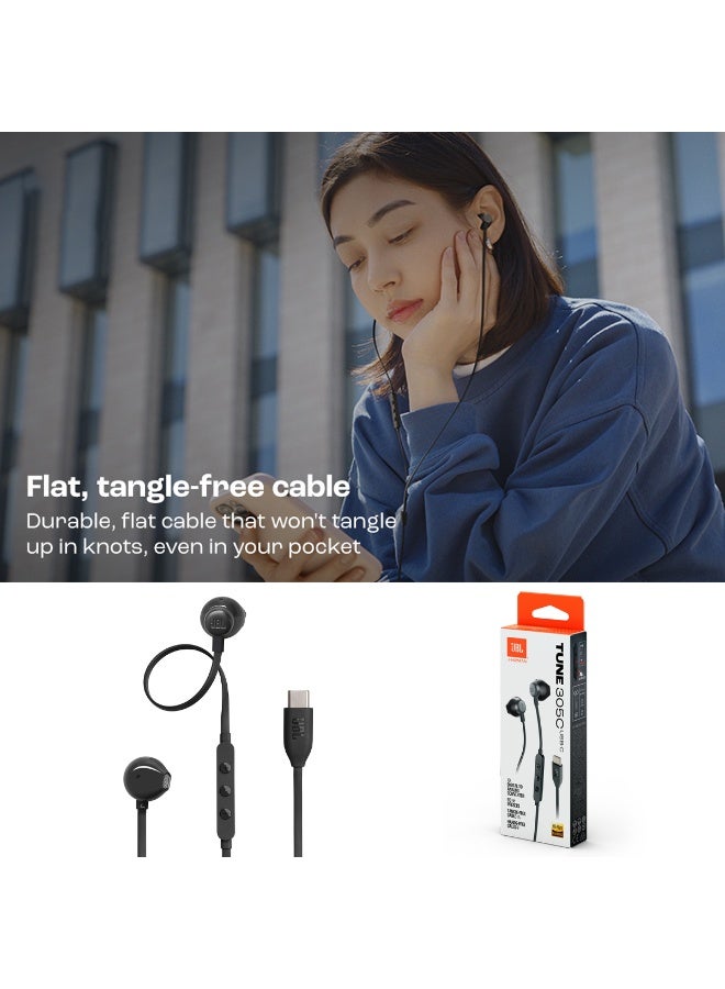 JBL Tune 305C Type-C Wired Earphones with Hi-Res Audio, Pure Bass Sound, 10mm Drivers, Built-in Microphone, 3-Button Remote, Tangle-Free Flat Cable, Semi In-Ear Comfort Fit, Compatible with USB-C Devices - Image 4