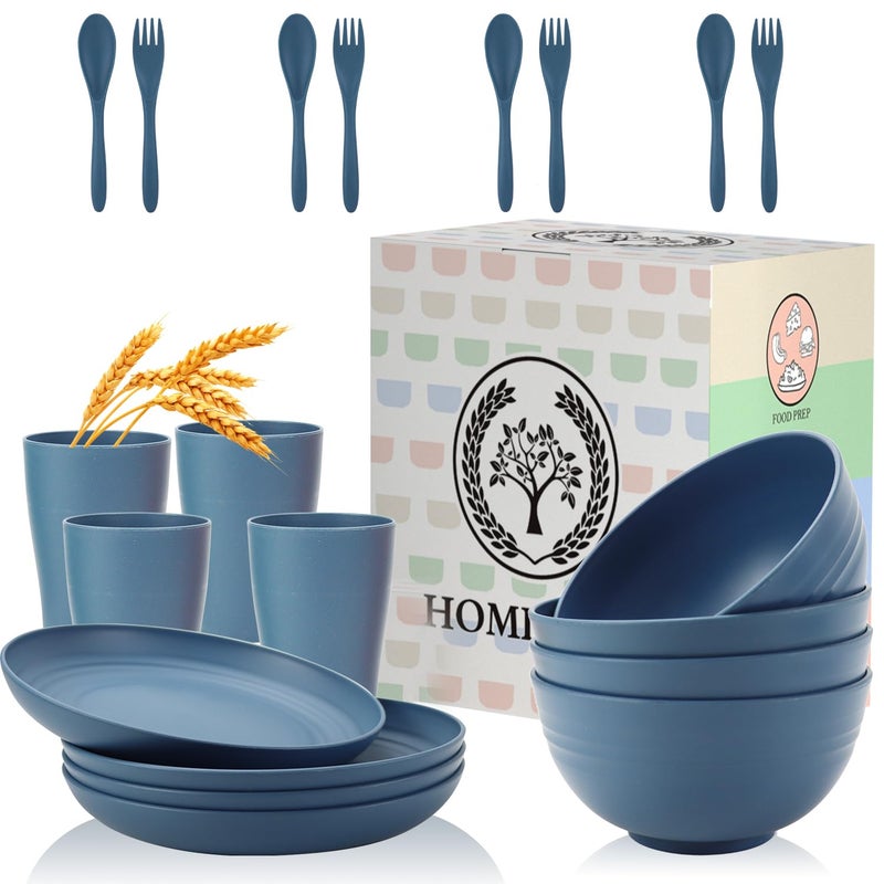 Homienly Wheat Straw Dinnerware Sets, Homienly 20pcs Unbreakable Microwave Dishwasher Safe Tableware Lightweight Bowls, Cups, Plates Set Reusable Dinner Plates Bowls set (Blue) - Image 1
