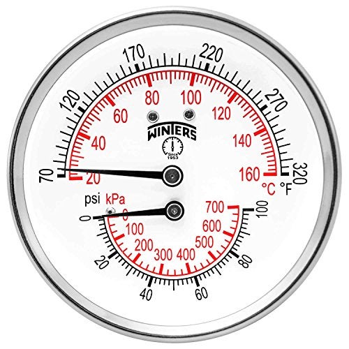 Winters Instruments Winters TTD Series Steel Dual Scale Tridicator Thermometer with 2" Stem, 0-100psi/kpa, 3" Dial Display, ±3-2-3% Accuracy, 1/2" NPT Back Mount, 70-320 Deg F/C - Image 4
