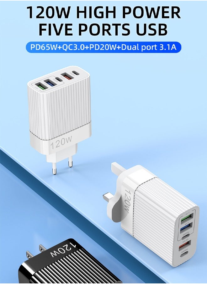 غريفين - شاحن متعدد الوظائف بقوة 120 وات بخمسة منافذ من النوع C - قابس حائط USB C PD مع شحن سريع 3.0 - محطة شحن Infino متوافقة مع IPhone وPixel وSamsung وHuawei وiPad وAirPods والأجهزة اللوحية والمزيد - Image 1