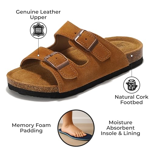 Project Cloud Genuine Leather Slides For Kids - Natural Cork Footbed Summer Sandals Beach Slide Sandals for Girls & Boys - Non-Slip Boys & Girls Sandals (Little Venita, CHSTNUTSUEDE,13) - Image 2