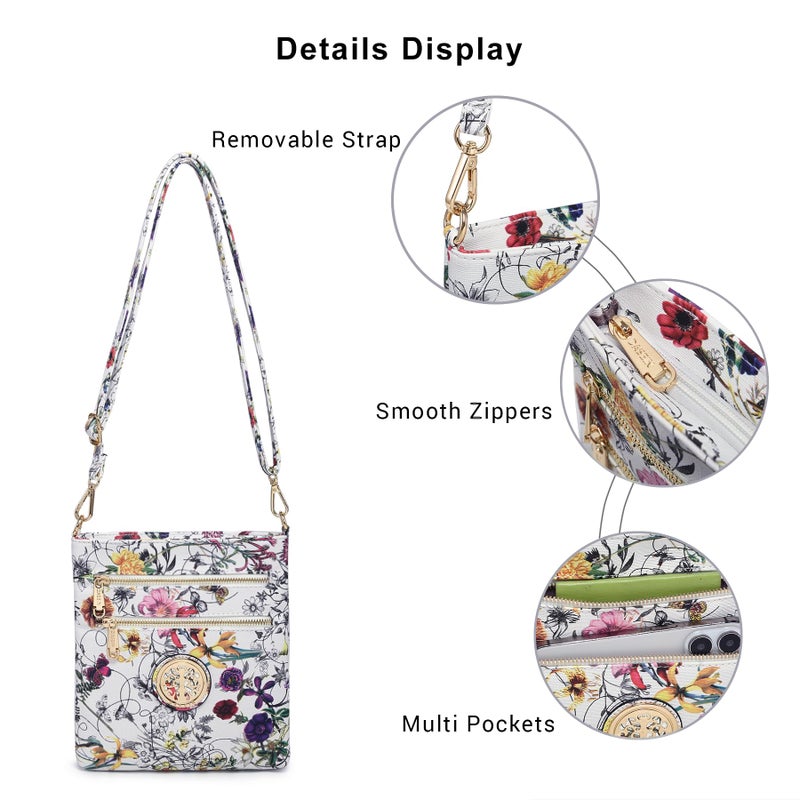 DASEIN حقيبة كروس بودي صغيرة للنساء من داسين خفيفة الوزن مع حقائب كتف متعددة الجيوب بسحاب (زهور بيضاء) - Image 5