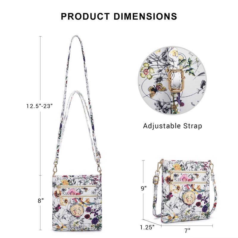 DASEIN حقيبة كروس بودي صغيرة للنساء من داسين خفيفة الوزن مع حقائب كتف متعددة الجيوب بسحاب (زهور بيضاء) - Image 3