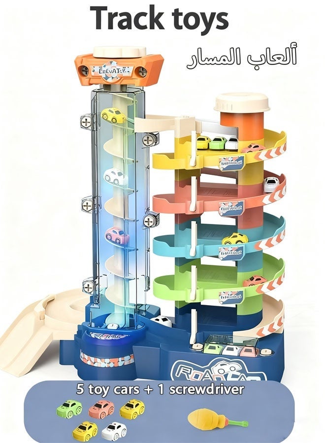 مجموعة ألعاب جراج للأطفال، لعبة سباق سيارات للأولاد، مجموعة مسارات جراج مع 5 سيارات، ألعاب مسارات منحدر سيارات إبداعية ممتعة، مجموعة ألعاب بناء مسارات سيارات للأطفال من سن 3 سنوات فما فوق، ألعاب موقف سيارات، هدايا عيد ميلاد، ألعاب حفلات - Image 1