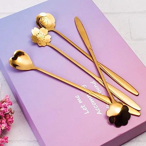 DS ENTERPRISE Desert Spoon 4 Set, Long Handle, Different Flower Shape Stirring Golden Spoons, Stainless Steel Reusable Teaspoons, Cute Coffee Tea Spoon Set for Cutlery Kitchen, Ice Cream,Tableware Cafe Bar (4-Pcs) - Image 5