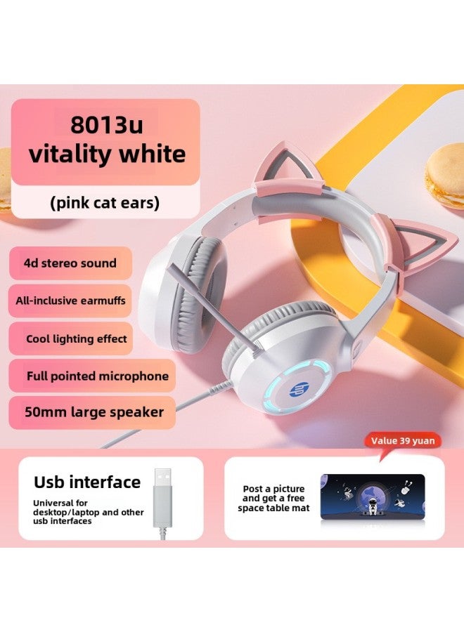 Headset Live Wired Game Desktop Computer Cat Ear Headset Electronic Competition Notebook-Color:Package 3 Plus Milk Tea Color Mouse Pad-vitality White [pink Cat Ears] 4d Stereo Sound  - Image 1