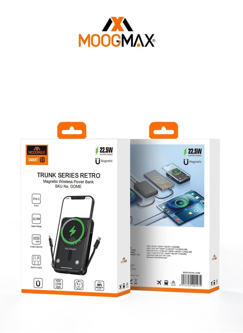 MOOGMAX - trunk series retro magnetic wireless, power bank with capacity 10000mAh and voltage 22.5W supercharge and built-in 2 cables with wireless charging with voltage 15W and 3 outports 2 Type-c and 1 Type-A - Image 1