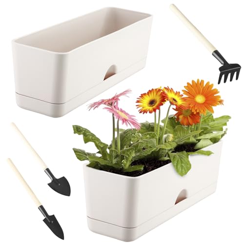 lucpur 2-Pack Flower Pots Large Window Boxes Planters 16 Inch Rectangle Plant Pot Rectangular Planters for Outdoor Indoor Plants Plastic Windowsill Planter for Herbs Flowers Long Window Sill Planters - Image 1