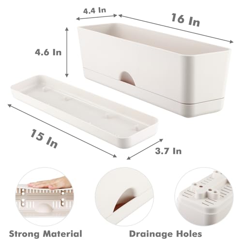 lucpur 2-Pack Flower Pots Large Window Boxes Planters 16 Inch Rectangle Plant Pot Rectangular Planters for Outdoor Indoor Plants Plastic Windowsill Planter for Herbs Flowers Long Window Sill Planters - Image 3