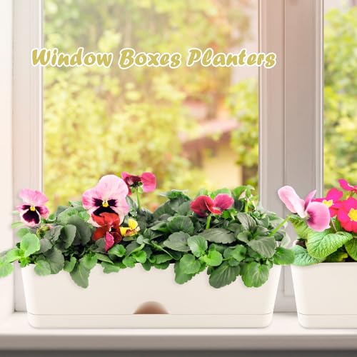 lucpur 2-Pack Flower Pots Large Window Boxes Planters 16 Inch Rectangle Plant Pot Rectangular Planters for Outdoor Indoor Plants Plastic Windowsill Planter for Herbs Flowers Long Window Sill Planters - Image 2