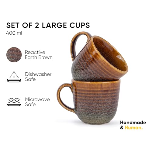 Shay Large Ceramic Coffee Mug Set of 2, Ribbed Mug Brown, 400ml | Ceramic Mug | Glossy Finish | Mug for Coffee | Ceramic Coffee Mug | Coffee Cup | Microwave Safe (Ribbed Mug - Brown) - Image 2
