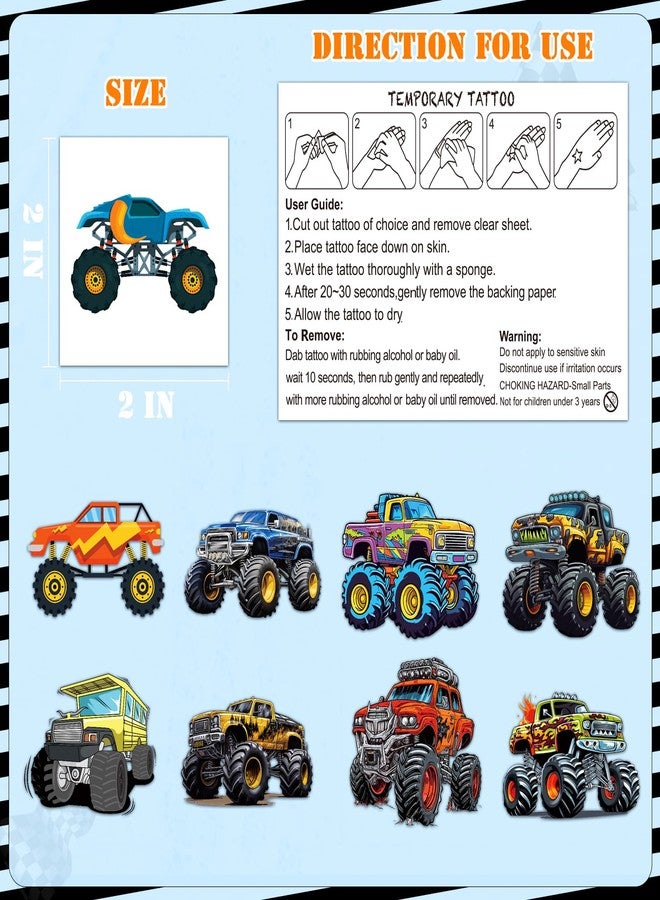 Ozepao 100 Pcs Monster Truck Temporary Tattoos for Kids, （2'' x 2''）Individually Wrapped Tattoos, Car Themed Birthday Decorations, Party Favors Supplies - Image 4