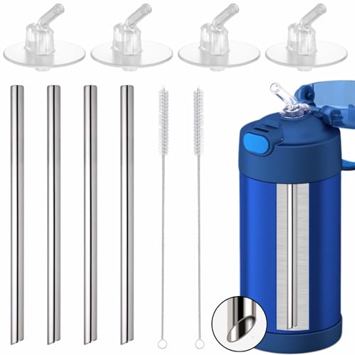 YINORD 4SET Metal Straws Stem Set for THERMOS Kids 12OZ, Reusable Stainless Steel Replacement Straws, With And 4PCS Original Silicone Parts And 2PCS Cleaning Brushes - Image 1