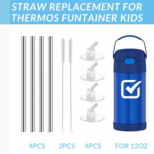 YINORD 4SET Metal Straws Stem Set for THERMOS Kids 12OZ, Reusable Stainless Steel Replacement Straws, With And 4PCS Original Silicone Parts And 2PCS Cleaning Brushes - Image 3