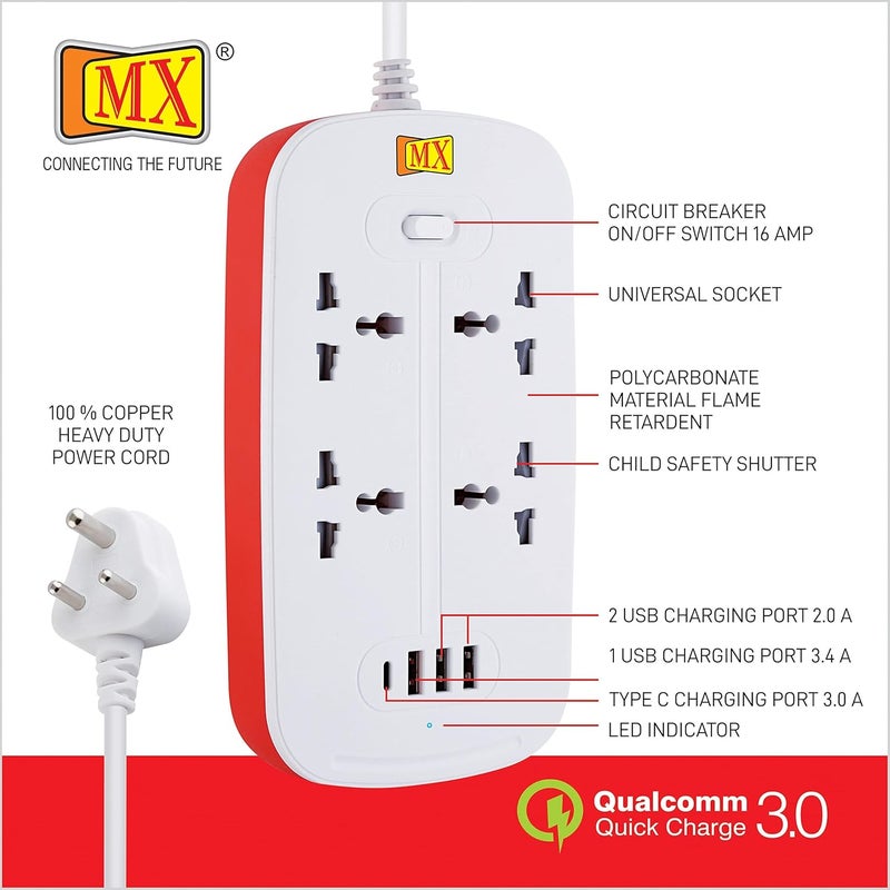 MX لوحة تمديد MX باور مع منافذ USB 3250 واط مقبس متعدد 13 أمبير 3 مقبس عالمي 3 منافذ USB C شاحن سريع كابل تمديد متعدد المنافذ ثقيل الوزن 3 متر مع مفتاح - Image 3