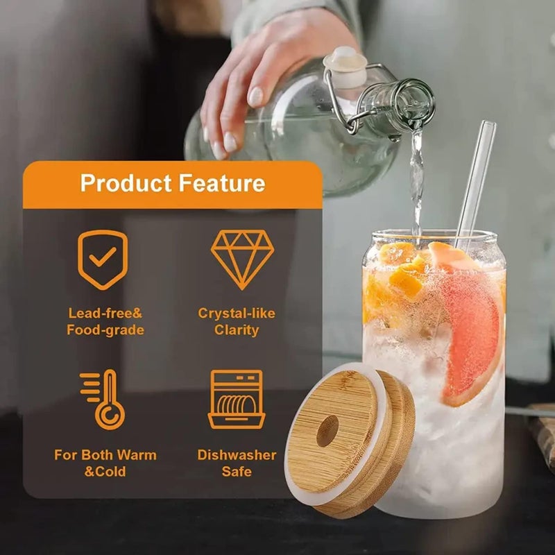 الأم طقم أكواب الشرب HOOJO® مع أغطية من الخيزران وماصة زجاجية مكون من 4 قطع - أكواب زجاجية على شكل علبة سعة 16 أونصة، أكواب قهوة مثلجة، كوب لطيف، مثالي للموكتيلات والكوكتيلات، هدية - فرشاتان للتنظيف (4) - Image 5