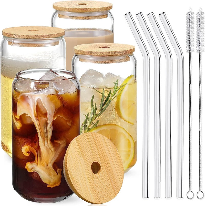 الأم طقم أكواب الشرب HOOJO® مع أغطية من الخيزران وماصة زجاجية مكون من 4 قطع - أكواب زجاجية على شكل علبة سعة 16 أونصة، أكواب قهوة مثلجة، كوب لطيف، مثالي للموكتيلات والكوكتيلات، هدية - فرشاتان للتنظيف (4) - Image 1