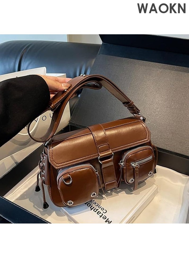 دبليو أيه أو كي أن حقيبة كتف نسائية من جلد البولي يوريثان - حقيبة كروس بودي أنيقة بتصميم عصري مستوحى من ثقافة الألفية الجديدة، مزودة بجيوب متعددة | حقيبة يد هوبو صغيرة بتفاصيل سلسلة معدنية عتيقة، حقيبة كلاتش أنيقة بتصميم غوطي للحفلات الموسيقية والسهرات والاستخدام اليومي (بني) - Image 2