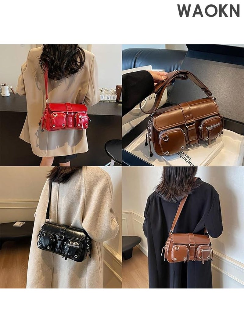 دبليو أيه أو كي أن حقيبة كتف نسائية من جلد البولي يوريثان - حقيبة كروس بودي أنيقة بتصميم عصري مستوحى من ثقافة الألفية الجديدة، مزودة بجيوب متعددة | حقيبة يد هوبو صغيرة بتفاصيل سلسلة معدنية عتيقة، حقيبة كلاتش أنيقة بتصميم غوطي للحفلات الموسيقية والسهرات والاستخدام اليومي (بني) - Image 3