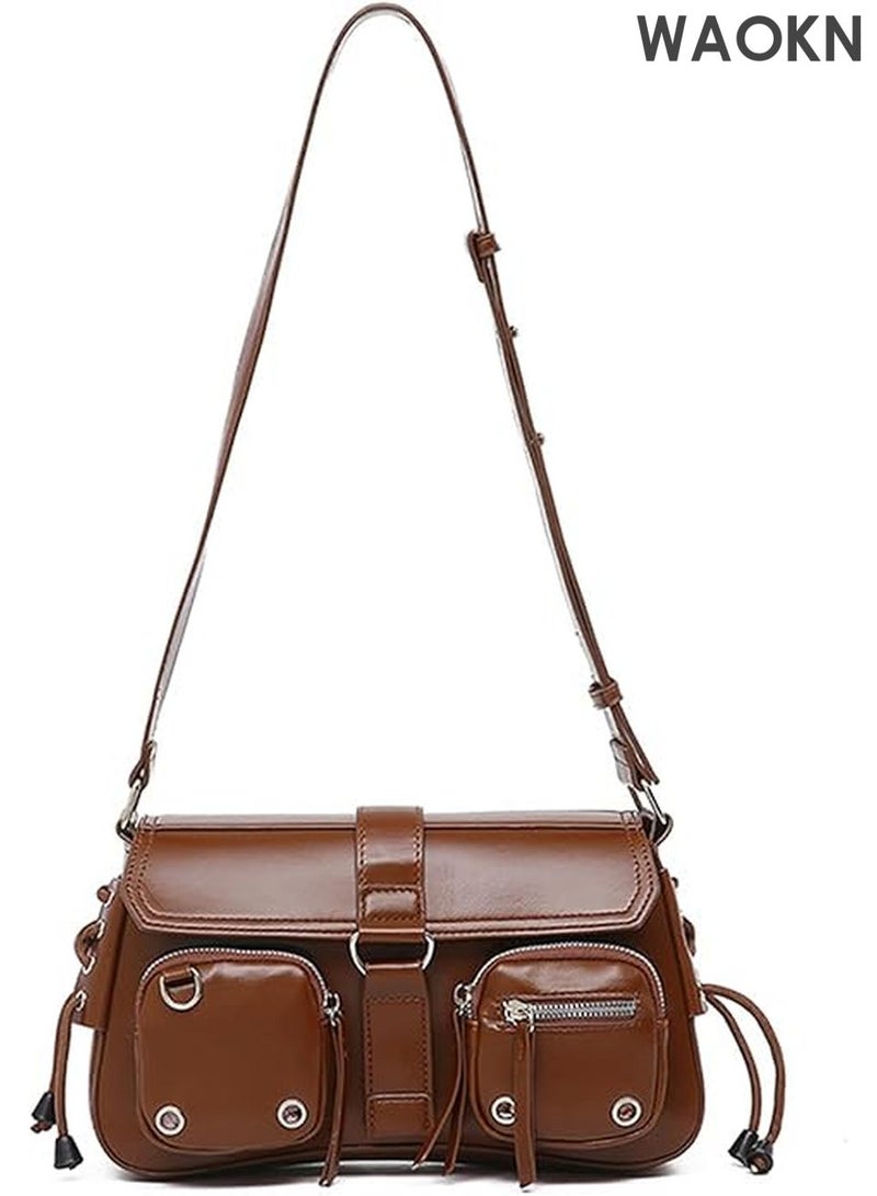 دبليو أيه أو كي أن حقيبة كتف نسائية من جلد البولي يوريثان - حقيبة كروس بودي أنيقة بتصميم عصري مستوحى من ثقافة الألفية الجديدة، مزودة بجيوب متعددة | حقيبة يد هوبو صغيرة بتفاصيل سلسلة معدنية عتيقة، حقيبة كلاتش أنيقة بتصميم غوطي للحفلات الموسيقية والسهرات والاستخدام اليومي (بني) - Image 1