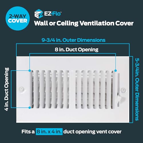 EZ-FLO 8 x 4 Inch (Duct Opening) Air Vent Cover for Wall or Ceiling, Two-Way Ventilation Register, Solid Steel HVAC Register Cover, White, 61608 - Image 2