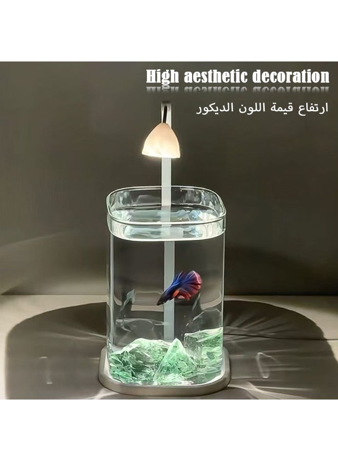 Glass small fish tank, desktop mini fish tank, ice blue crystal square fish tank with decorative stones, suitable for home or office use - Image 3