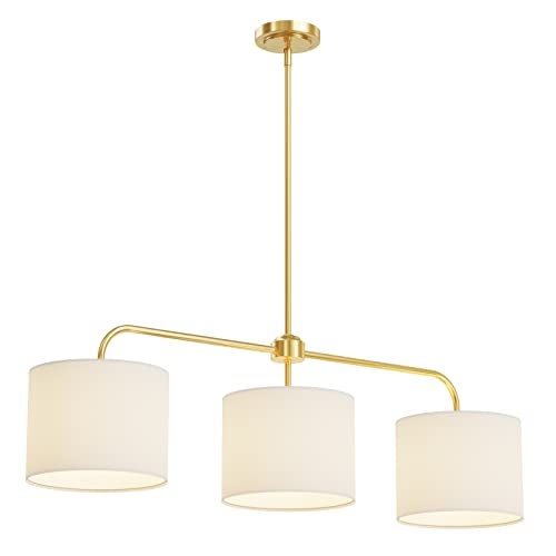 Electro bp 3-Light White Linen Drum Shade Chandelier with Polished Gold Metal Linear Pendant Light Fixture for Kitchen Island, Dining Table, E26, 180W - Image 3