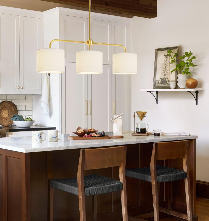 Electro bp 3-Light White Linen Drum Shade Chandelier with Polished Gold Metal Linear Pendant Light Fixture for Kitchen Island, Dining Table, E26, 180W - Image 5