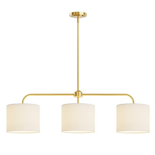Electro bp 3-Light White Linen Drum Shade Chandelier with Polished Gold Metal Linear Pendant Light Fixture for Kitchen Island, Dining Table, E26, 180W - Image 1