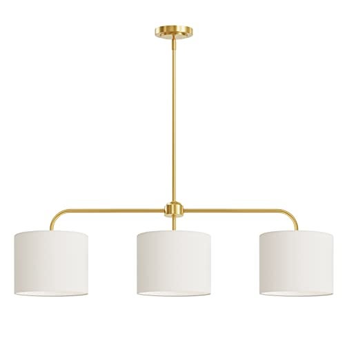 Electro bp 3-Light White Linen Drum Shade Chandelier with Polished Gold Metal Linear Pendant Light Fixture for Kitchen Island, Dining Table, E26, 180W - Image 2