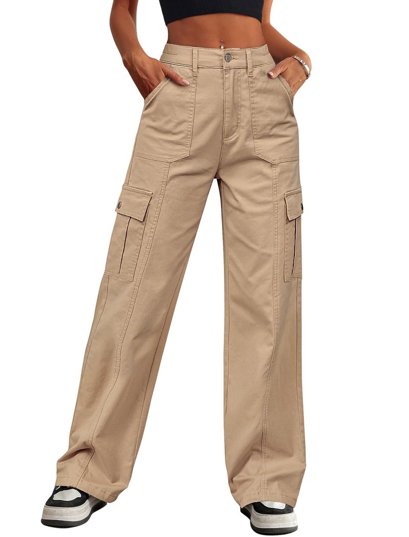 Eddoyee Cargo Pants for Women Drawstring Ankle Cuffs Stretch High Waisted 6 Pockets Straight Wide Leg Jean Casual Baggy Pants(Khaki, Medium) - Image 1