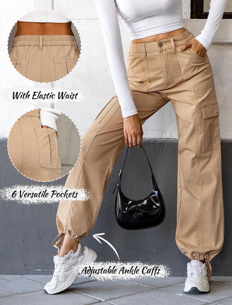 Eddoyee Cargo Pants for Women Drawstring Ankle Cuffs Stretch High Waisted 6 Pockets Straight Wide Leg Jean Casual Baggy Pants(Khaki, Medium) - Image 4