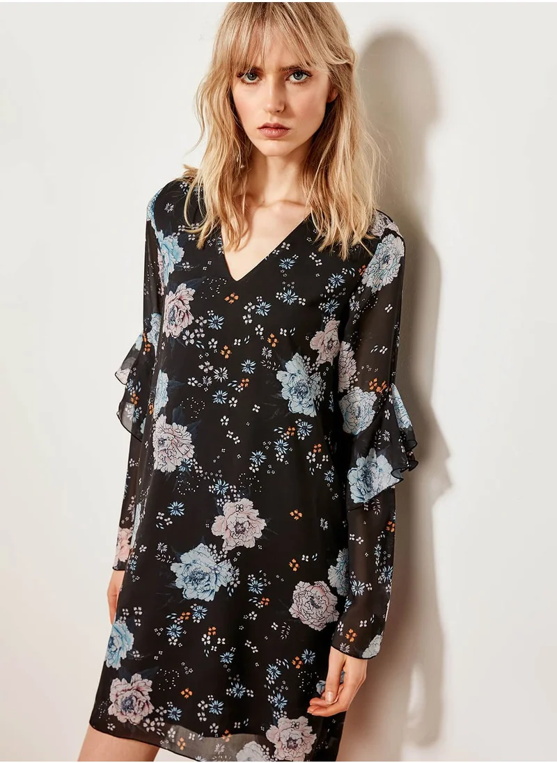 trendyol Floral Print Flute Sleeve Dress