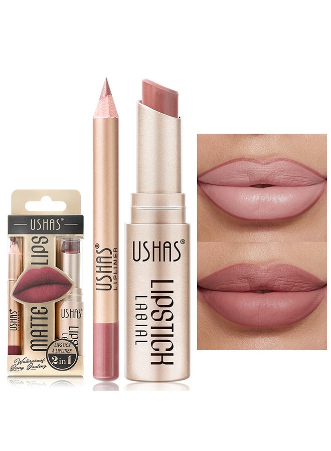 Ushas 2 in 1 Lipstick & Lipliner -Matte Nude Waterproof Lipstick for Women Lip liner Set Long Lasting Lipstick, Matte Lipstick Pen with Lip Liner Set Makeup Kits (11) - Image 1