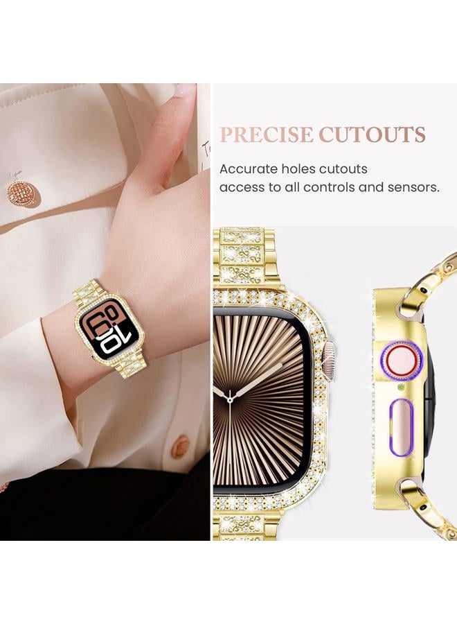 DEALELE Bands Compatible with Apple Watch Series 9/8 / 7 (45mm), Bling Rhinestone Diamond Metal Strap with Protective Case Cover Replacement for iWatch 45mm Women Men (45mm, Gold) - Image 3