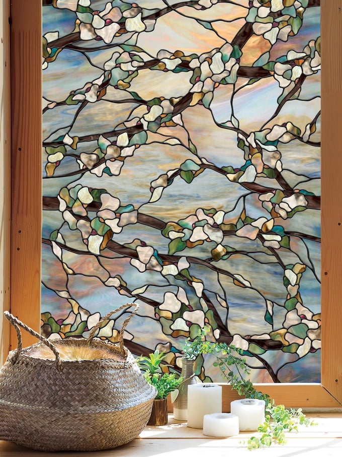SUNSET PRIVACY WINDOW FILM WITH VIBRANT COLORED PATTERN NONADHESIVE UV PROTECTION EASY TO APPLY REMOVABLE 24 X 36 INCHES MADE IN USA
