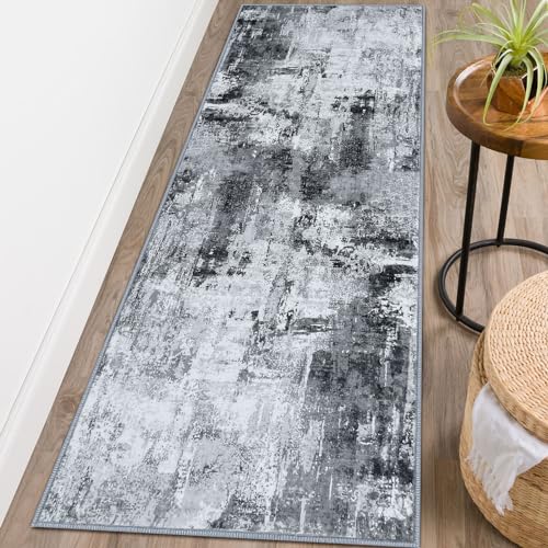 KOZYFLY Modern Abstract Runner Rug 2x6 Washable Grey/Black/Black Runners for Hallways Kitchen Runner Rug Non Slip Carpet Rug Runner Laundry Mat with Soft Low Pile for Entryway Bathroom Bedroom Kitchen - Image 1