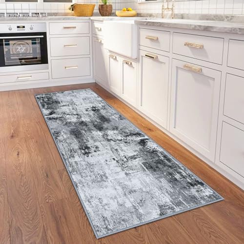 KOZYFLY Modern Abstract Runner Rug 2x6 Washable Grey/Black/Black Runners for Hallways Kitchen Runner Rug Non Slip Carpet Rug Runner Laundry Mat with Soft Low Pile for Entryway Bathroom Bedroom Kitchen - Image 3