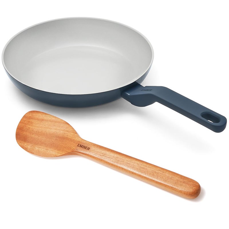 Ember Cookware Arcilla Ceramic Frying Pan 24cm | Non Stick Cookware | Non Toxic Pan | ISI Certified | Ceramic Fry Pan for Cooking | 1x Spatula | PFAS & PTFE Free | Induction Safe | Blue - Image 1