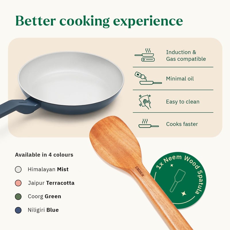 Ember Cookware Arcilla Ceramic Frying Pan 24cm | Non Stick Cookware | Non Toxic Pan | ISI Certified | Ceramic Fry Pan for Cooking | 1x Spatula | PFAS & PTFE Free | Induction Safe | Blue - Image 3