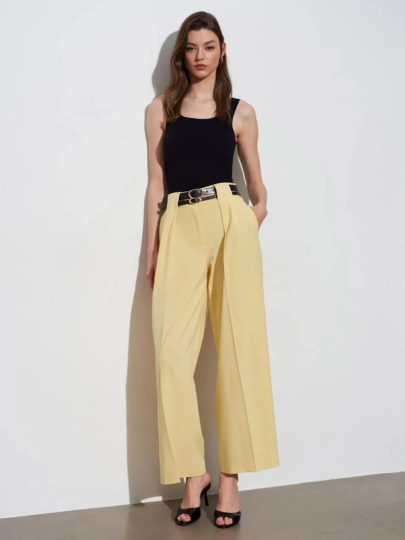 ديلفين Dilvin High-Waist Wide-Leg Pleated Trousers