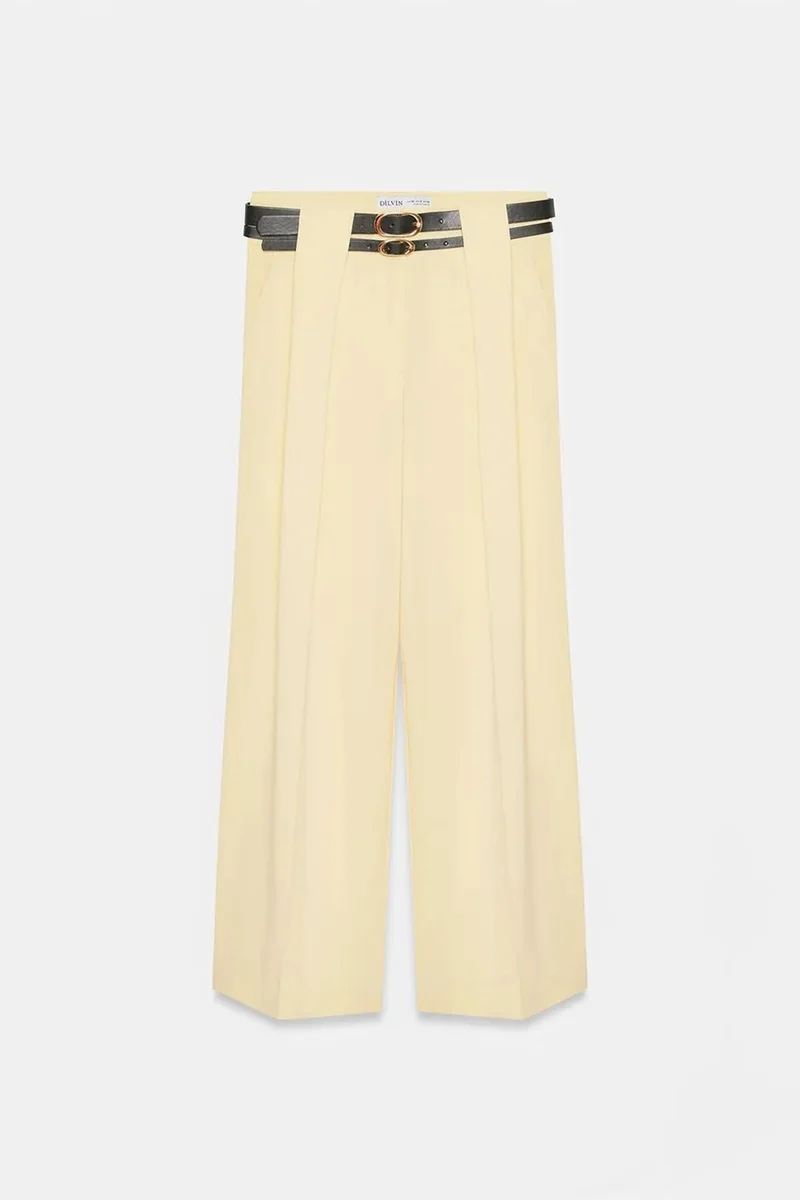 Dilvin Lemon Yellow DILVIN High-Waist Wide-Leg Pleated Trousers for Women | Best Price UAE